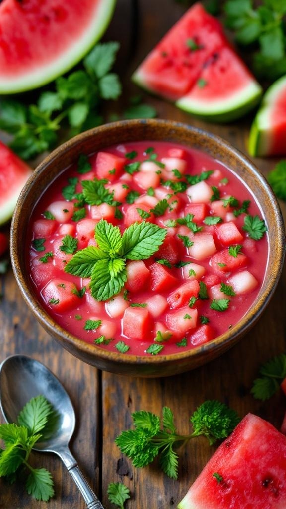 Chilled watermelon gazpacho in a bowl, garnished with mint, surrounded by watermelon slices and fresh herbs.